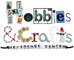 hobbies and craft reference center logo with the letters designed using various craft items